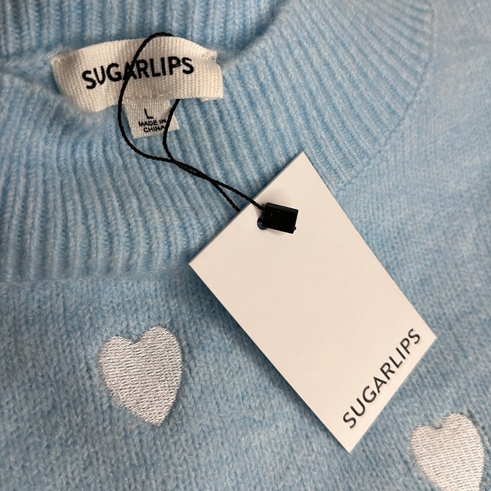 SUGARLIPS LARGE Women’s Long Sleeve NWT EMBROIDERED HEARTS SWEATER - Picture 6 of 6